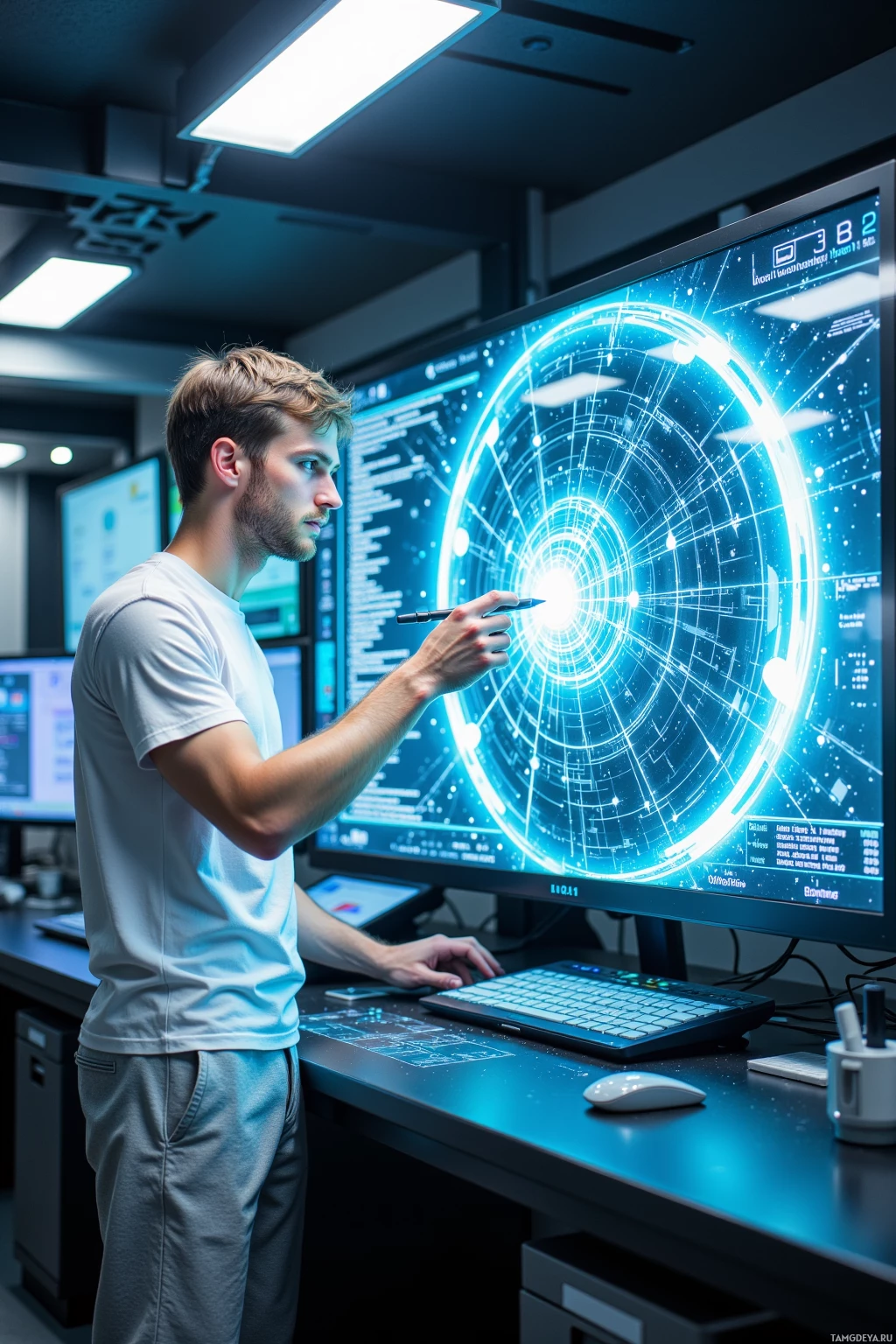 A person is interacting with a large, futuristic display in a modern workspace.