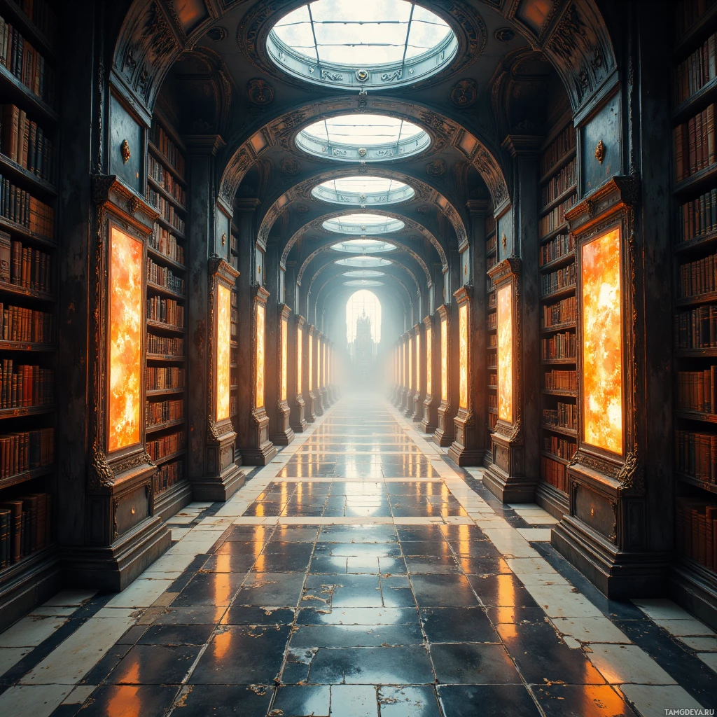 A grand library with ornate architecture, bookshelves, and glowing panels.