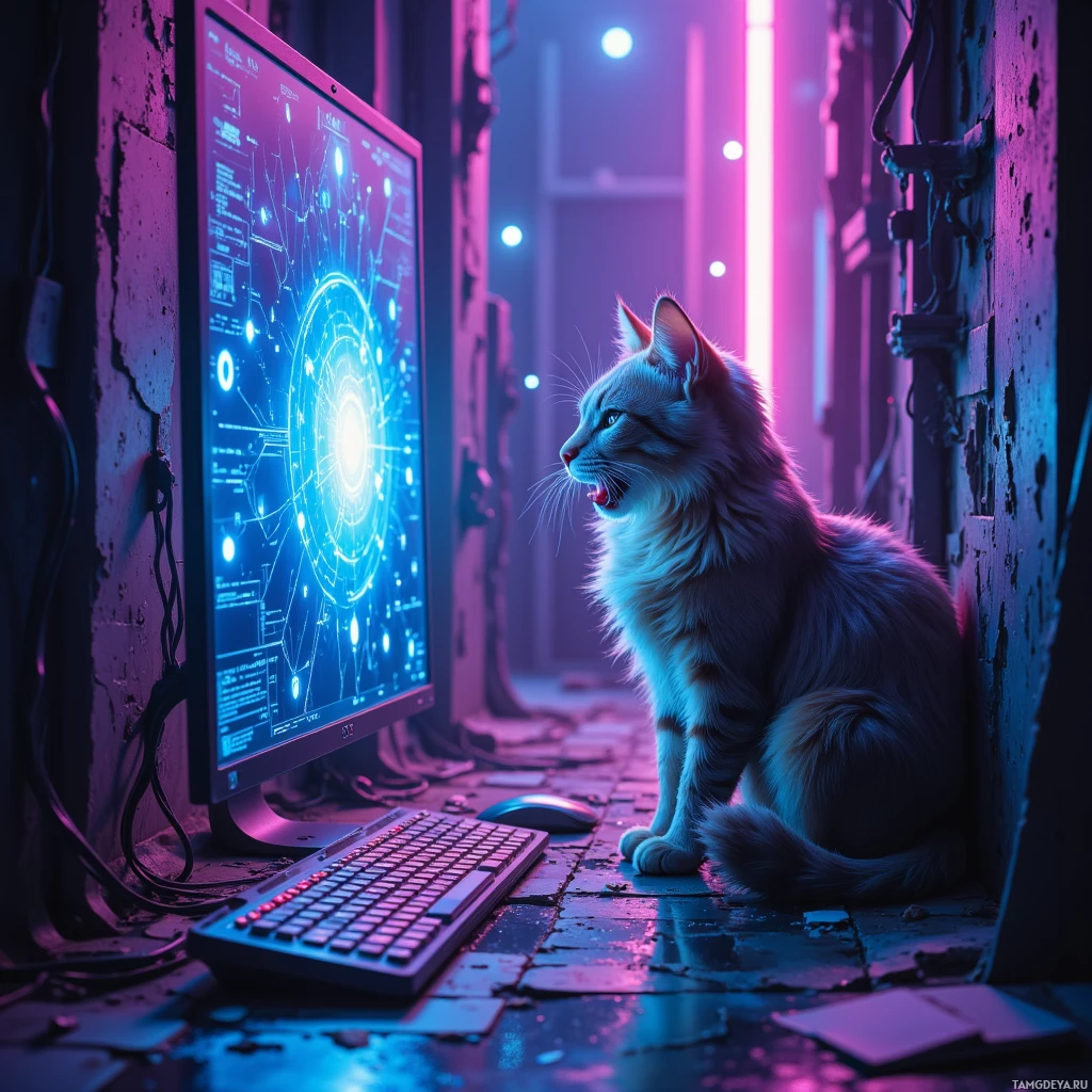 A cat sits in a dimly lit, neon-lit room, observing a computer screen displaying a futuristic interface.