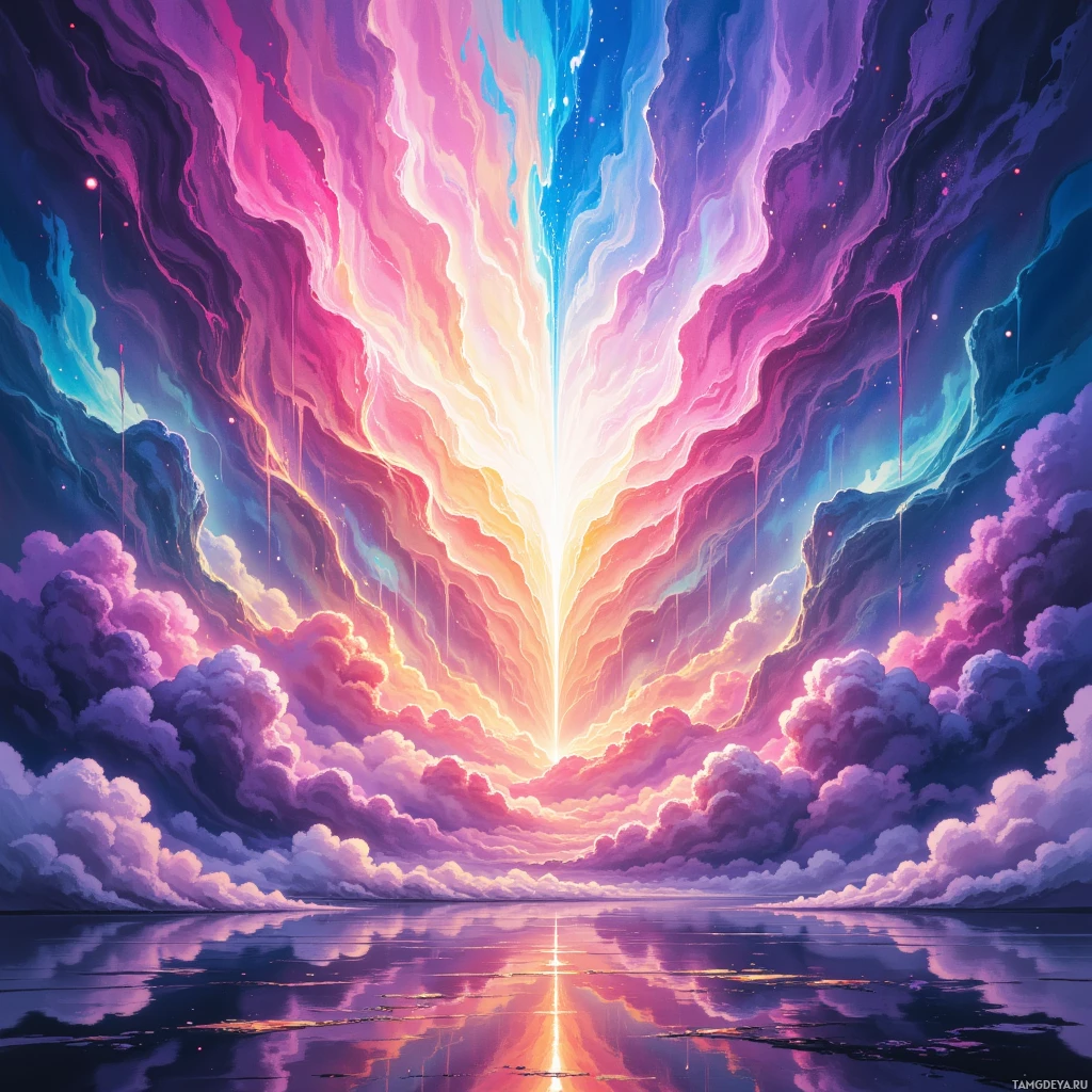 A vibrant, abstract sky with swirling colors and a glowing light source at the center.