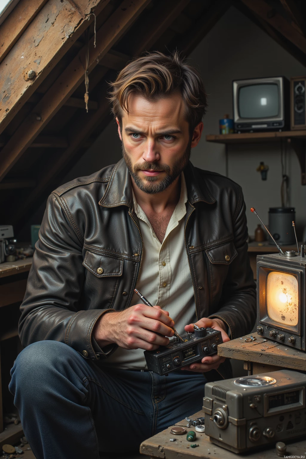 A man in a leather jacket is working on a vintage radio in a workshop.