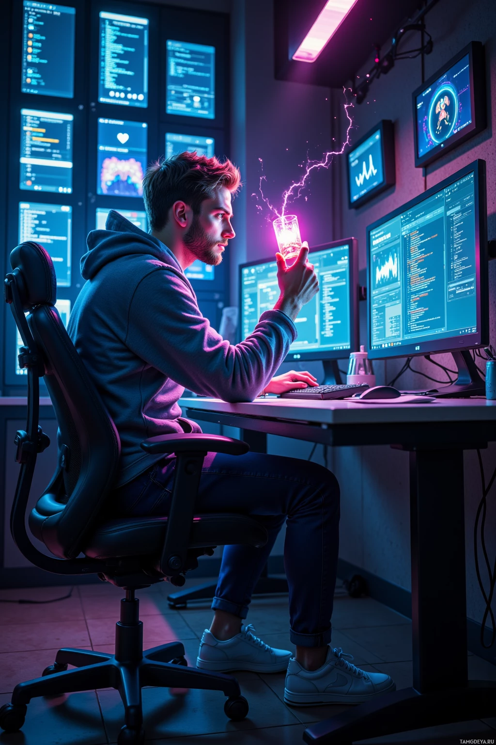 A person sits at a desk with multiple monitors displaying code and data, holding a glass with a glowing effect.