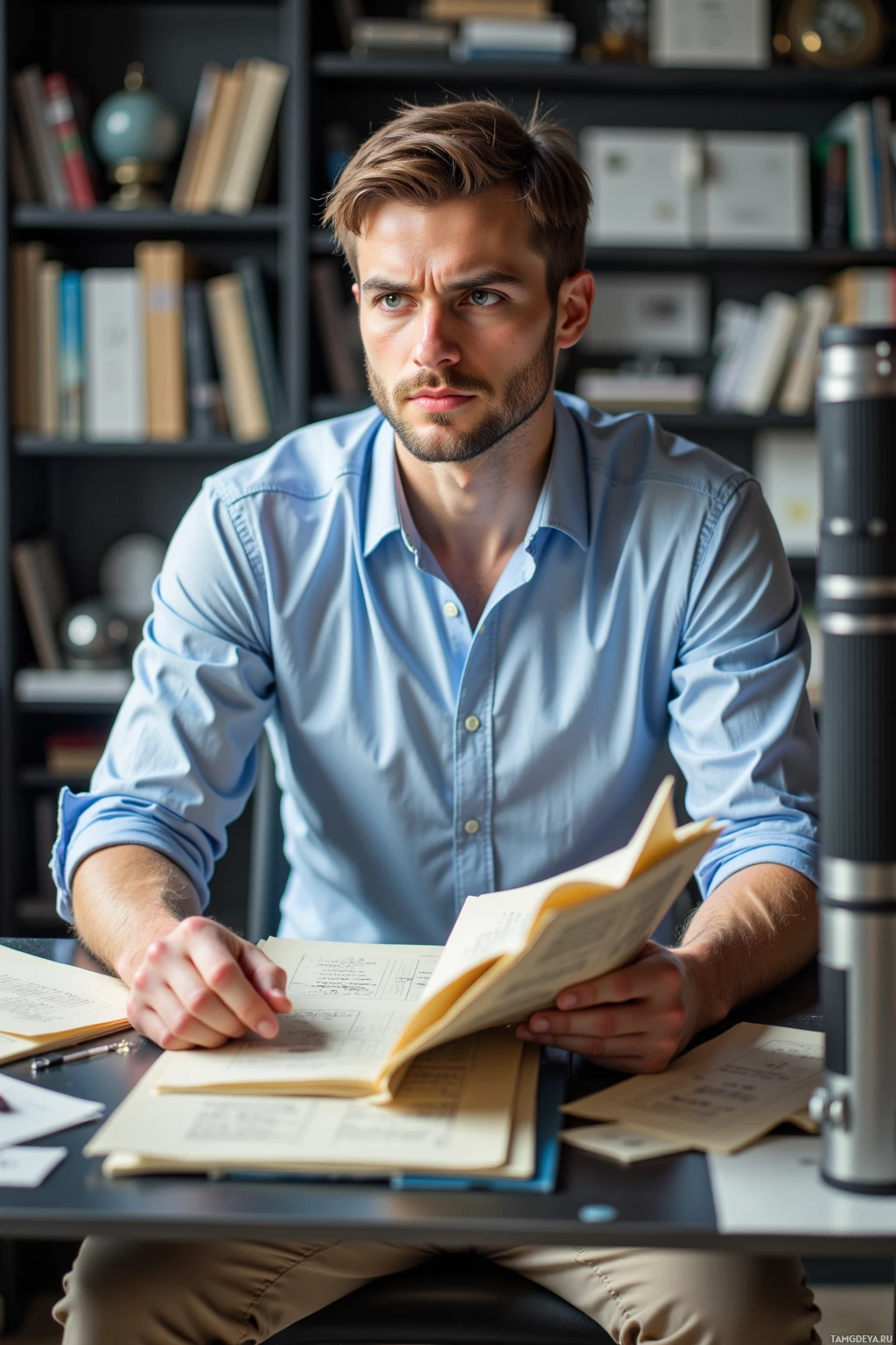 A man in a light blue shirt sits at a desk, holding an open book.