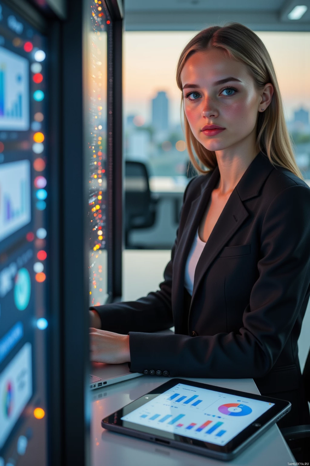A woman in a professional setting, working at a desk with a tablet and large screen displaying data.