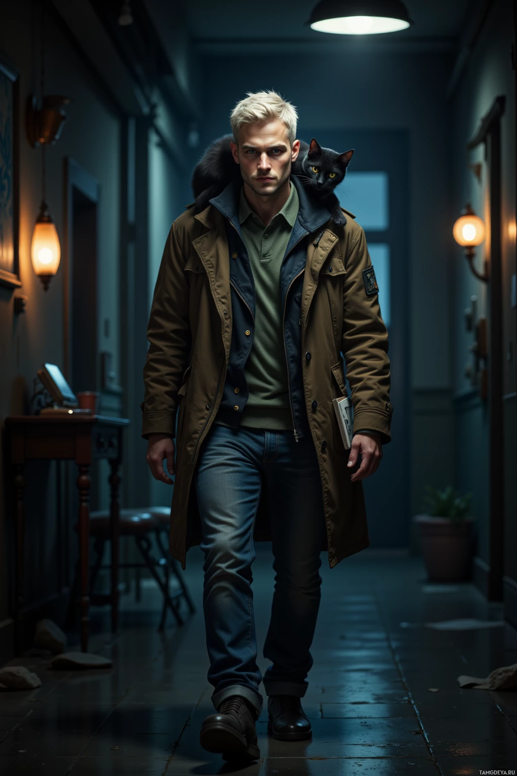 A man walks down a dimly lit hallway with a black cat perched on his shoulder.