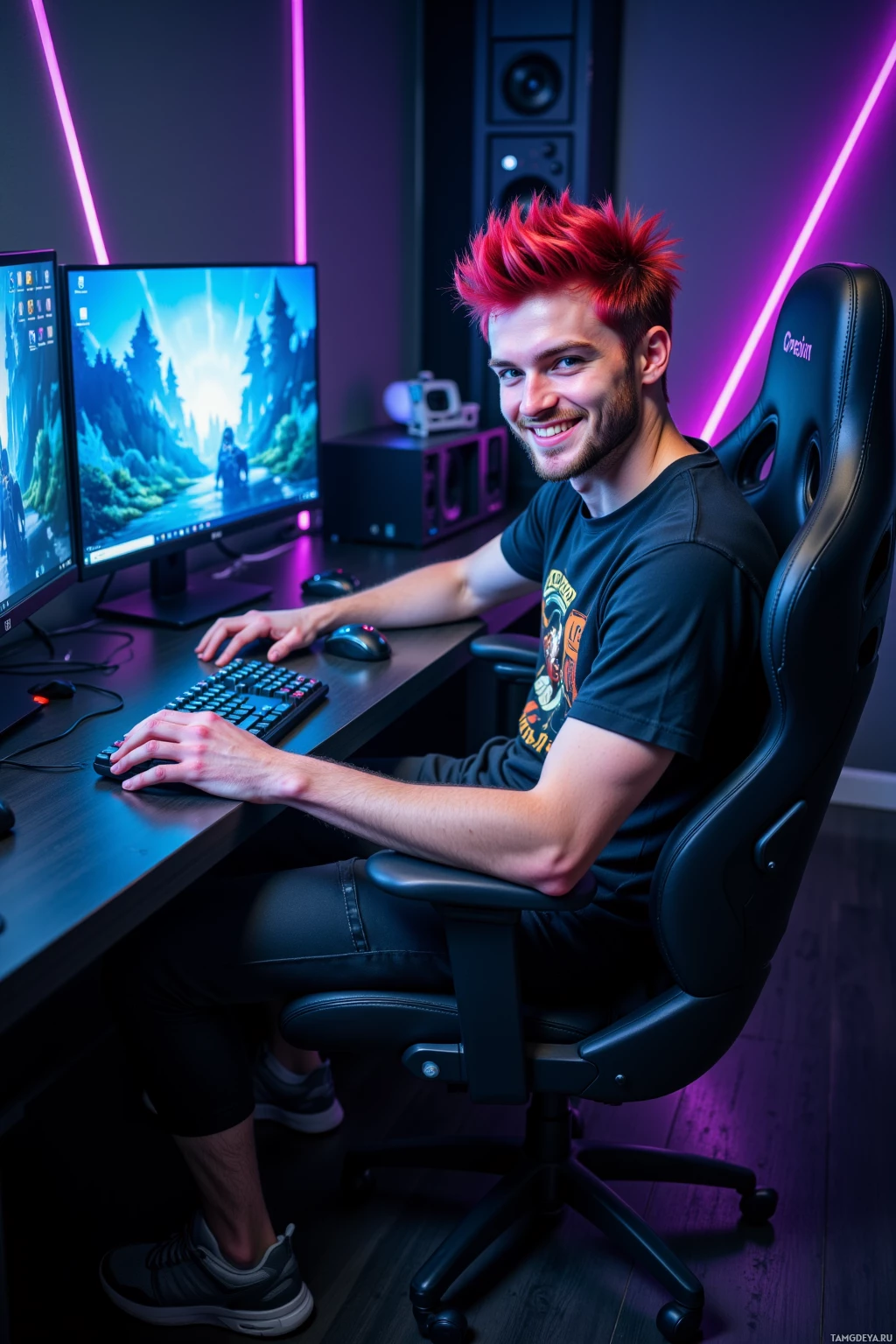 A person with red hair sits at a desk in a gaming setup, smiling at the camera.