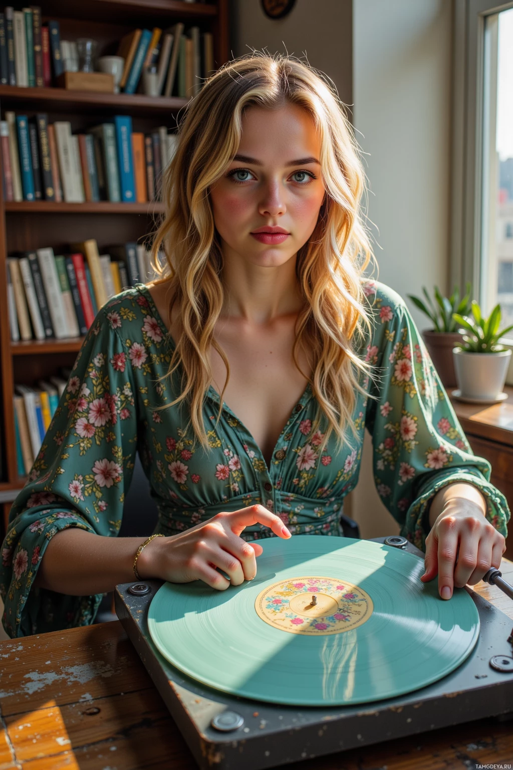 A woman in a floral dress sits at a record player in a cozy room with bookshelves.