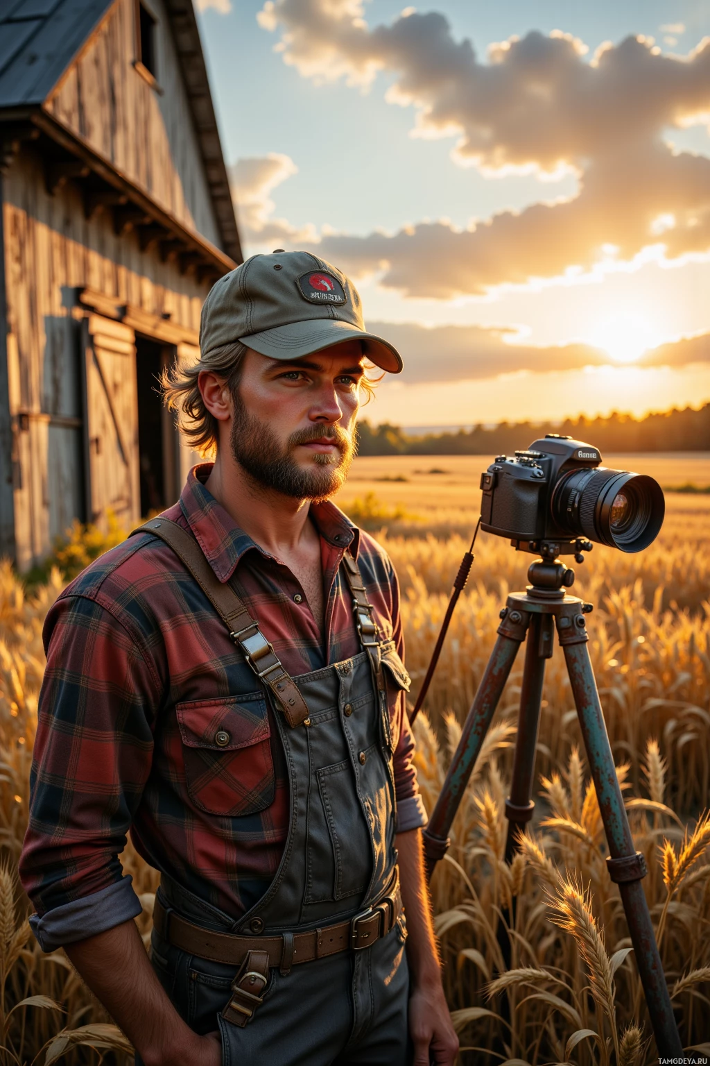 A man stands in a wheat field at sunset, holding a camera on a tripod.