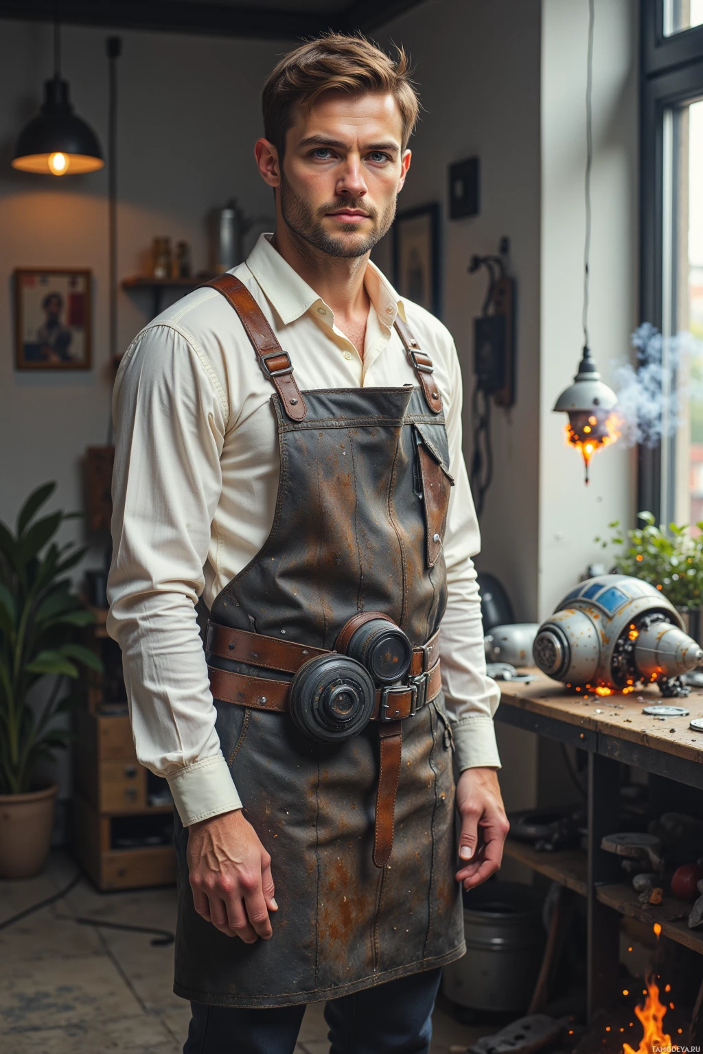 A man in a workshop setting wearing a leather apron and a white shirt.