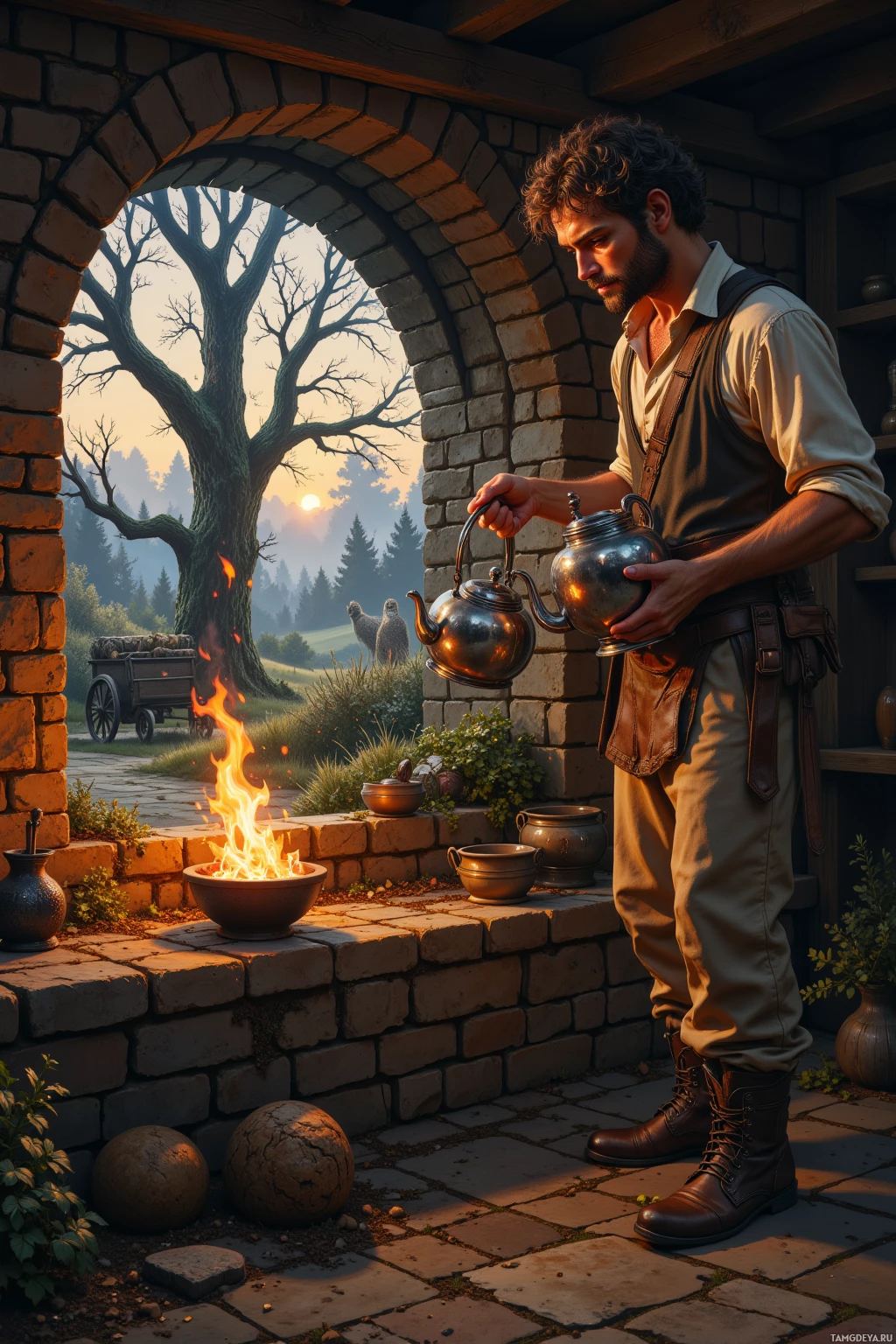 A man pours tea from a kettle into a pot over an open fire in a rustic outdoor setting.
