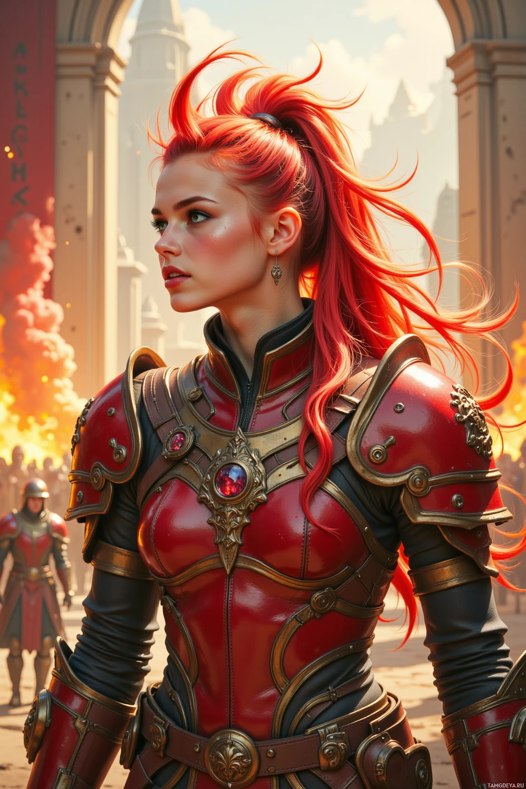 A woman in ornate red and gold armor stands in a grand, sunlit courtyard.