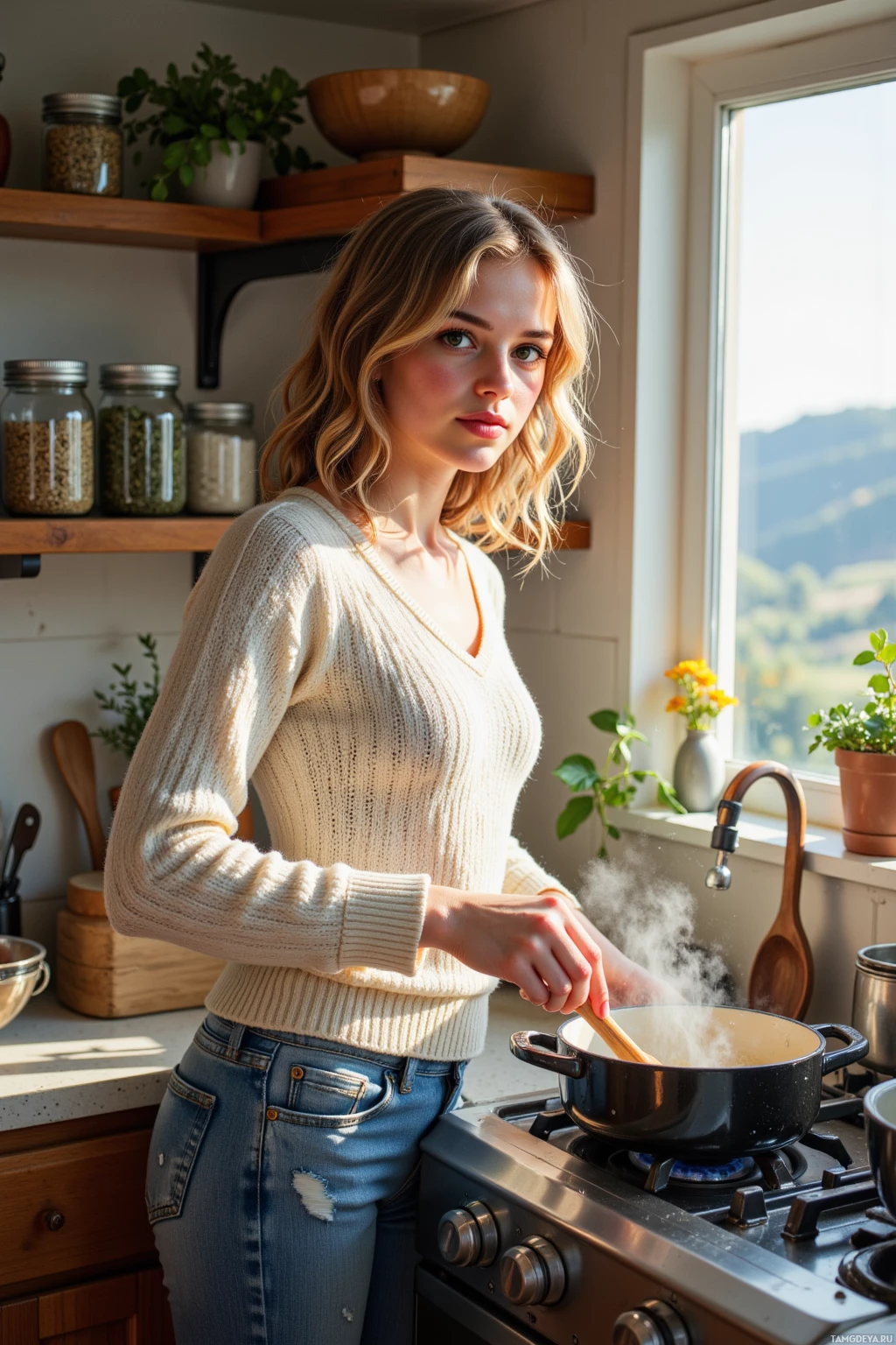 A woman in a kitchen stirs a pot on the stove.
