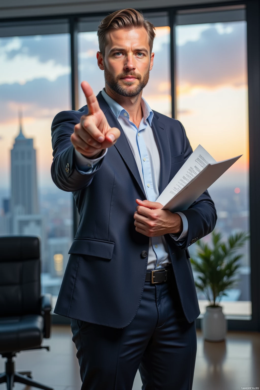 A man in a suit points forward while holding a document in an office setting.