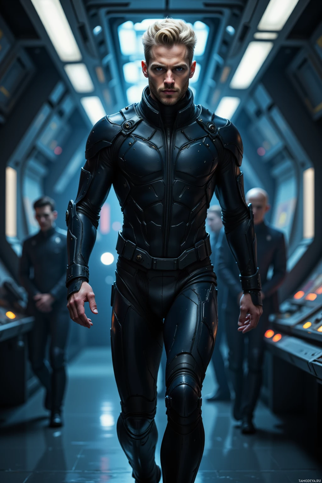 A person in a futuristic, black armored suit walks through a high-tech corridor.