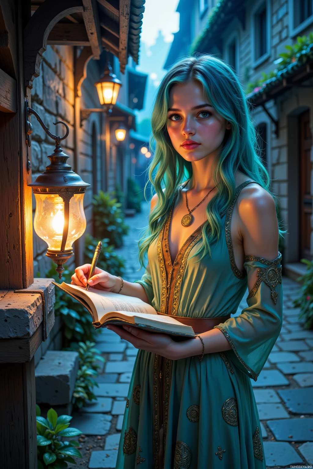 A woman in a green dress holds an open book and a quill pen, standing in a dimly lit alleyway with a hanging lantern.