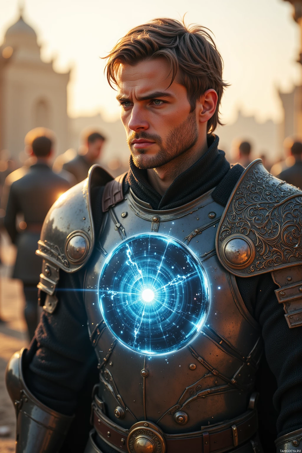 A man in ornate armor with a glowing blue emblem on his chest stands in a crowd.