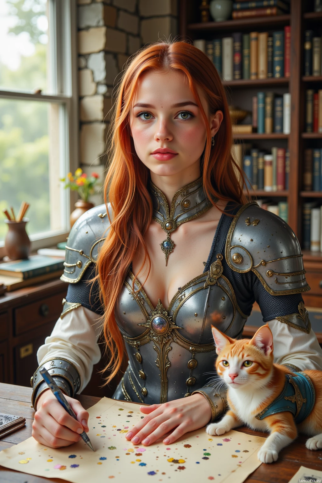 A woman in ornate armor sits at a desk with a cat, writing on a piece of paper.