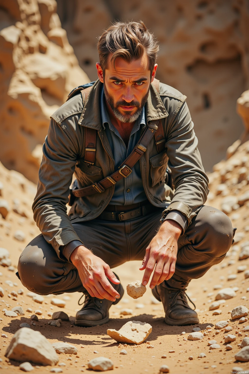 A man in a desert setting crouches, examining a rock.