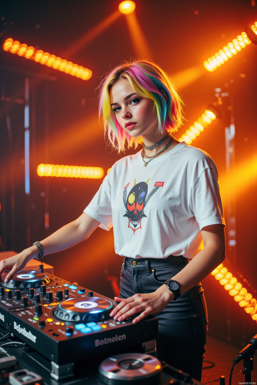 A person with colorful hair stands behind a DJ setup, illuminated by vibrant stage lights.