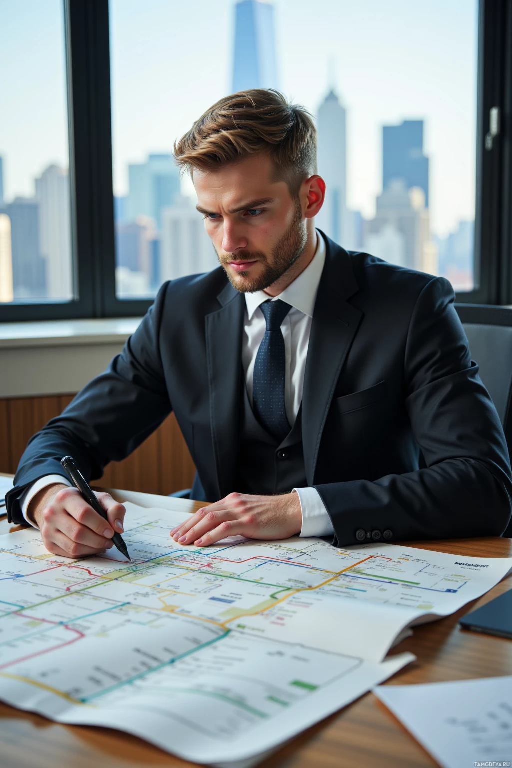 A man in a suit is reviewing a detailed map or blueprint at a desk.