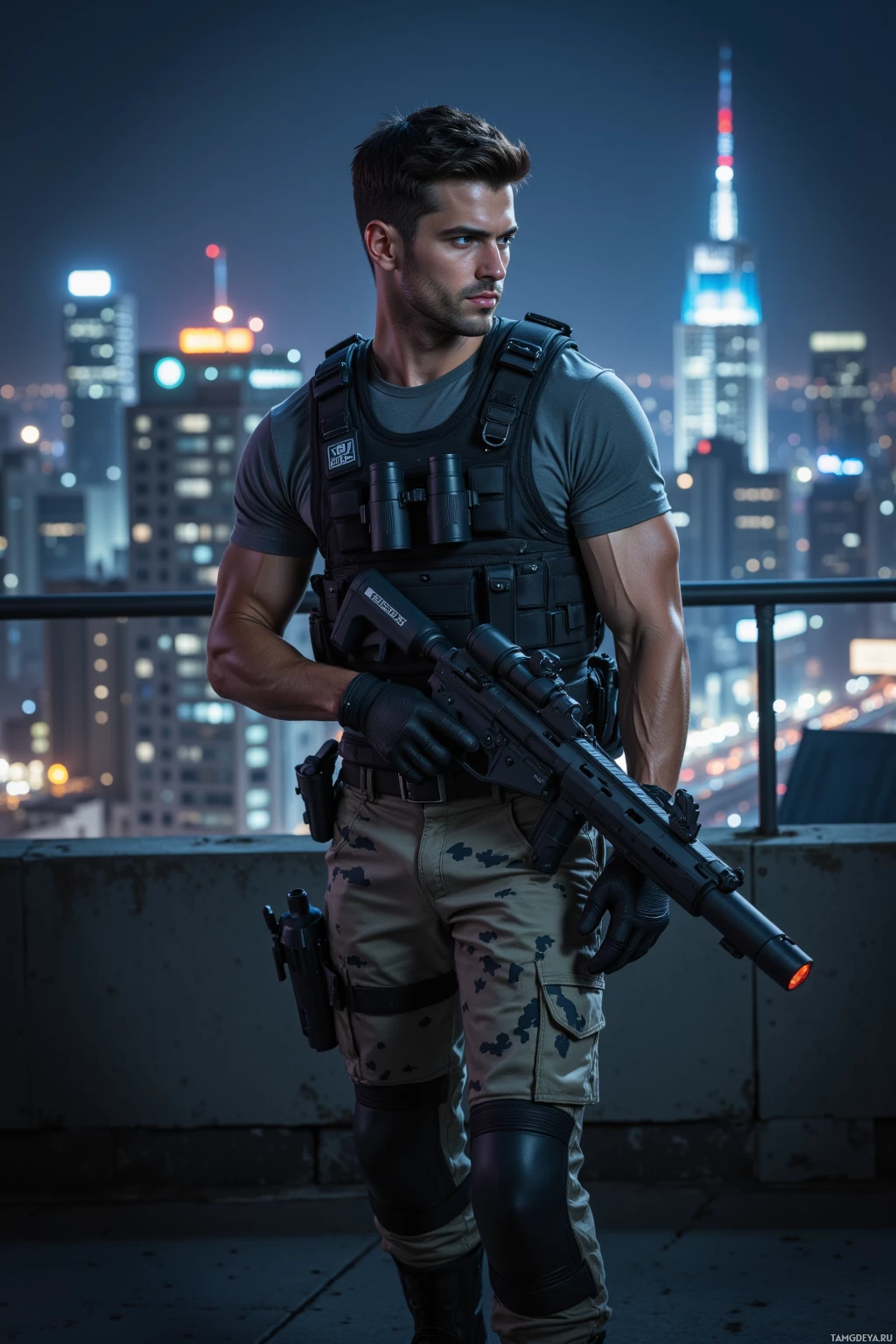 A man in tactical gear stands on a rooftop overlooking a cityscape at night.