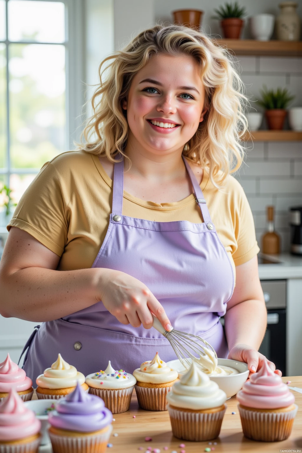 A person in a kitchen wearing an apron and decorating cupcakes with frosting.