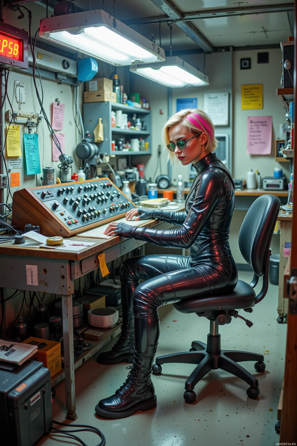 A person in a leather outfit works at a control panel in a cluttered workshop.