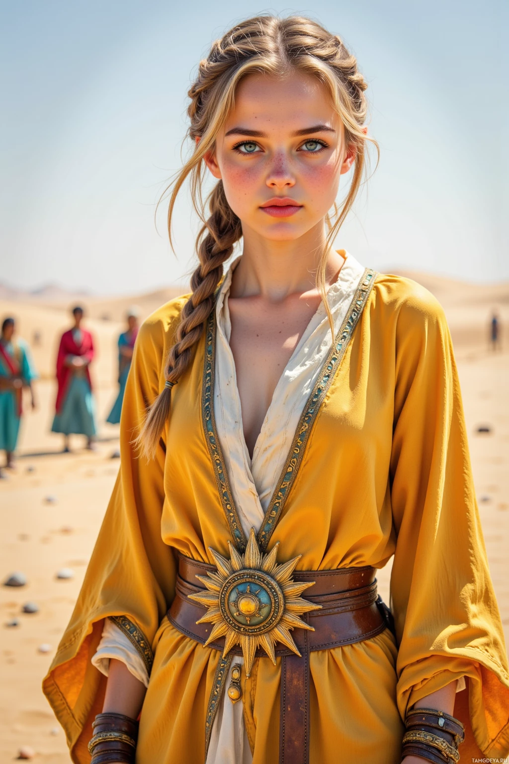 A person in a golden robe with intricate details stands in a desert setting.