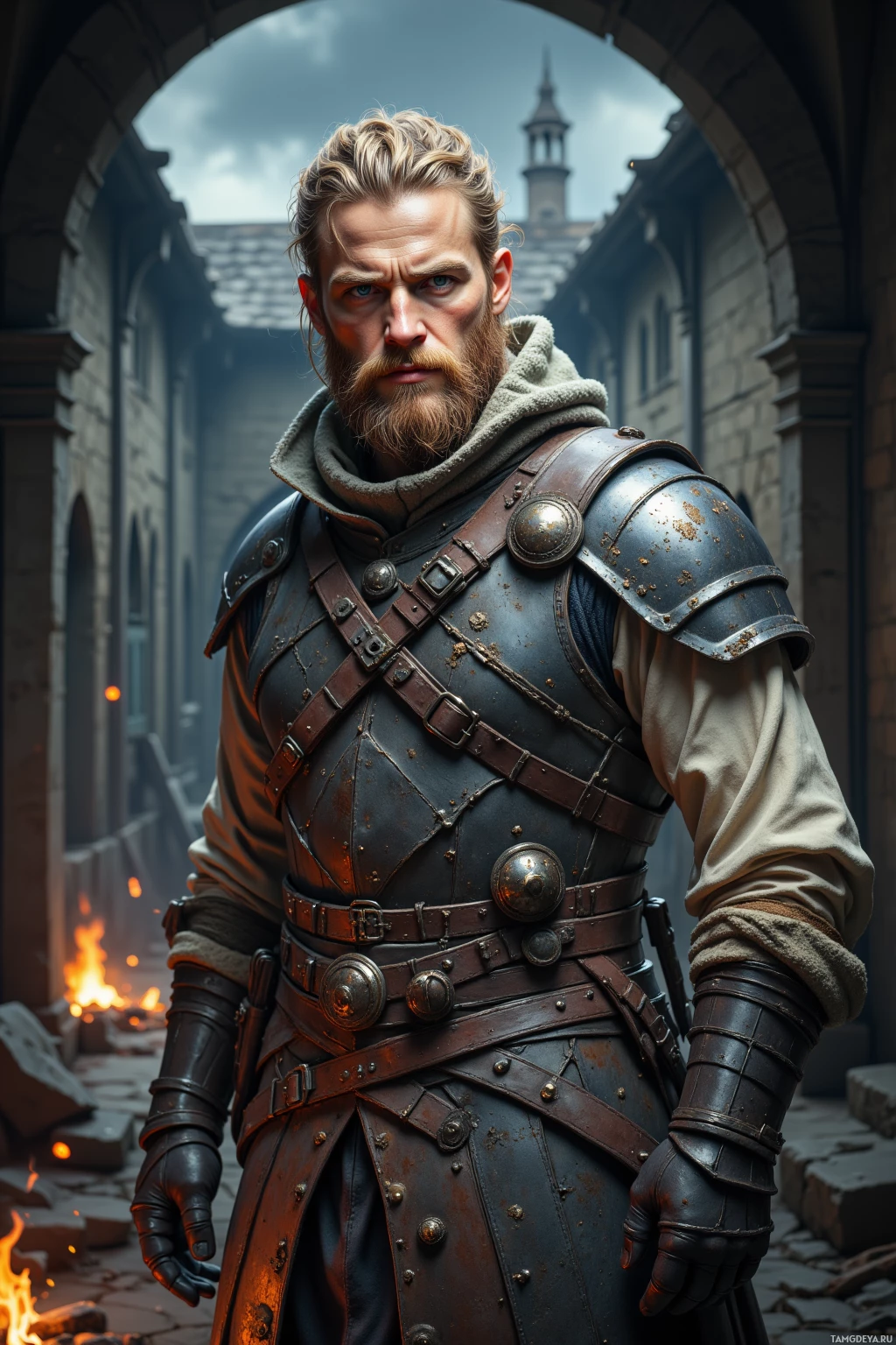 A medieval warrior in armor stands in a stone archway with a fire burning in the background.