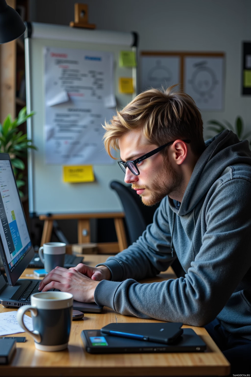 A person wearing glasses works at a desk with a laptop, surrounded by office supplies and notes.