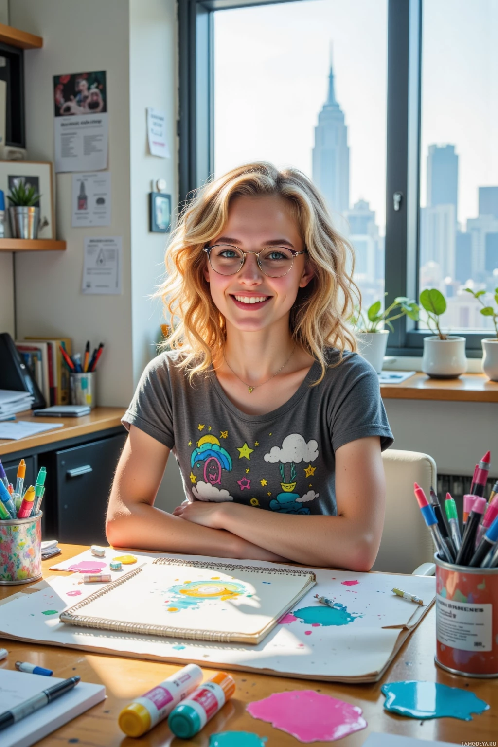 A person sits at a desk with art supplies, smiling at the camera.