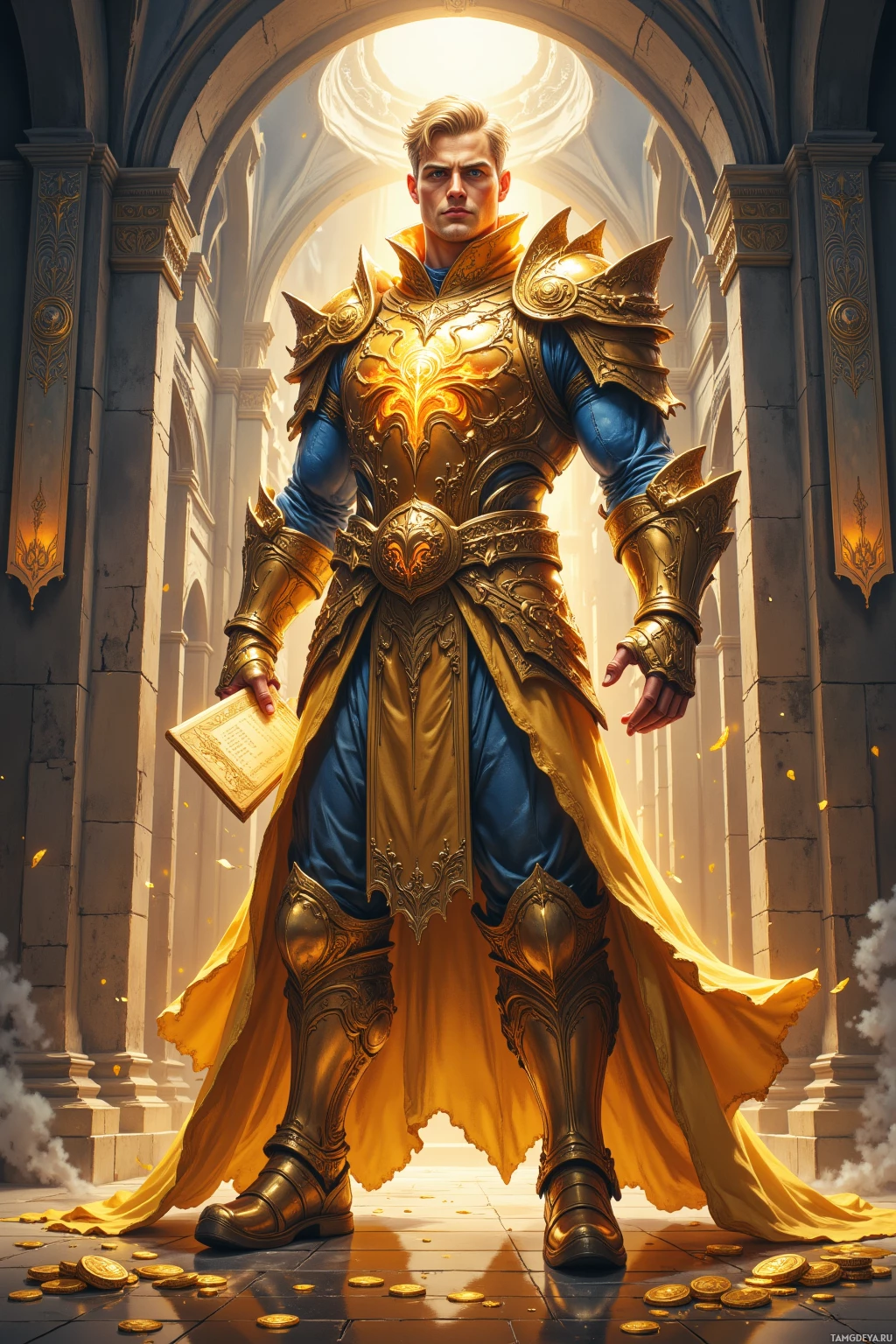 A regal figure in ornate golden armor stands in a grand, sunlit hallway.