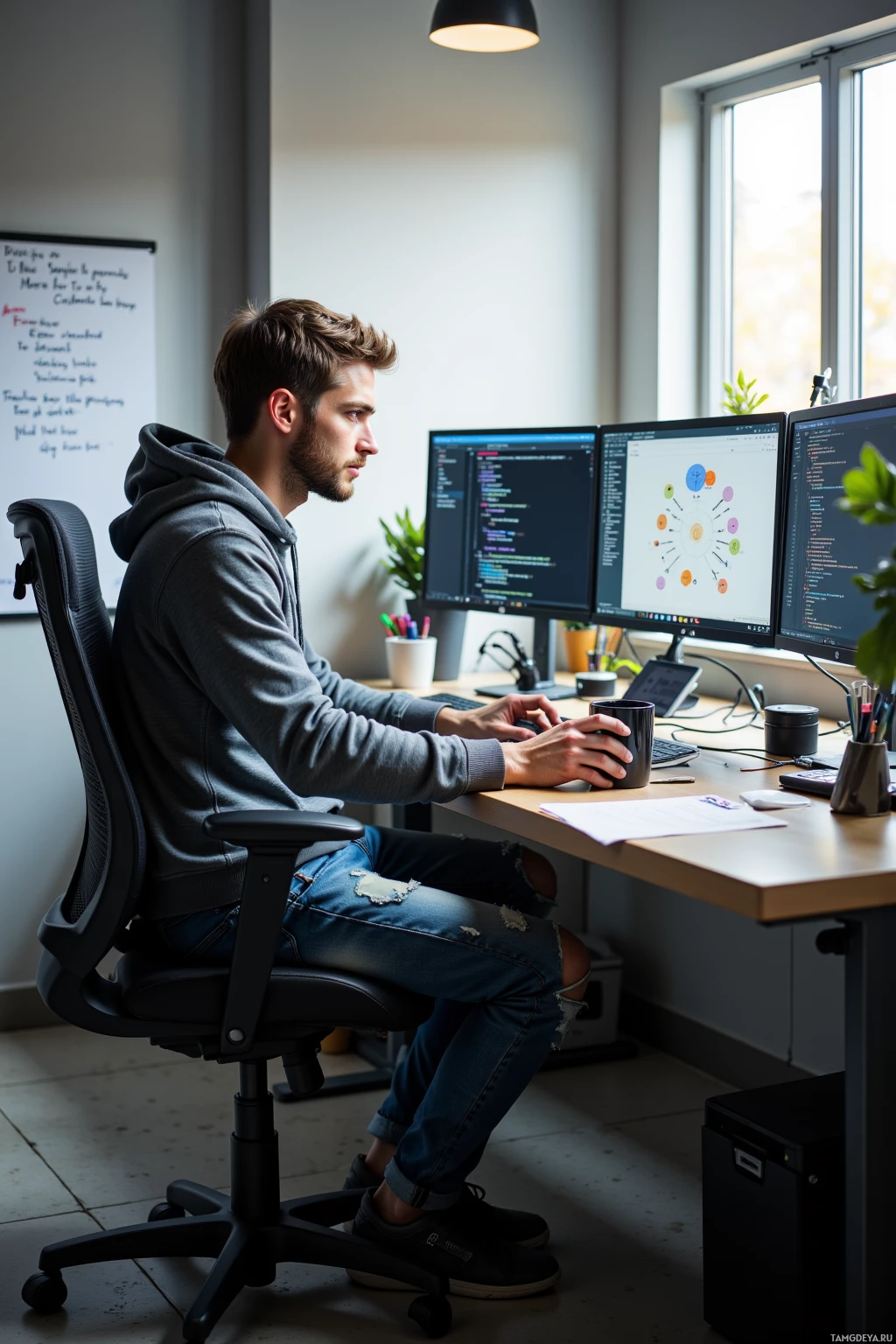 A person is seated at a desk working on a computer with multiple monitors.