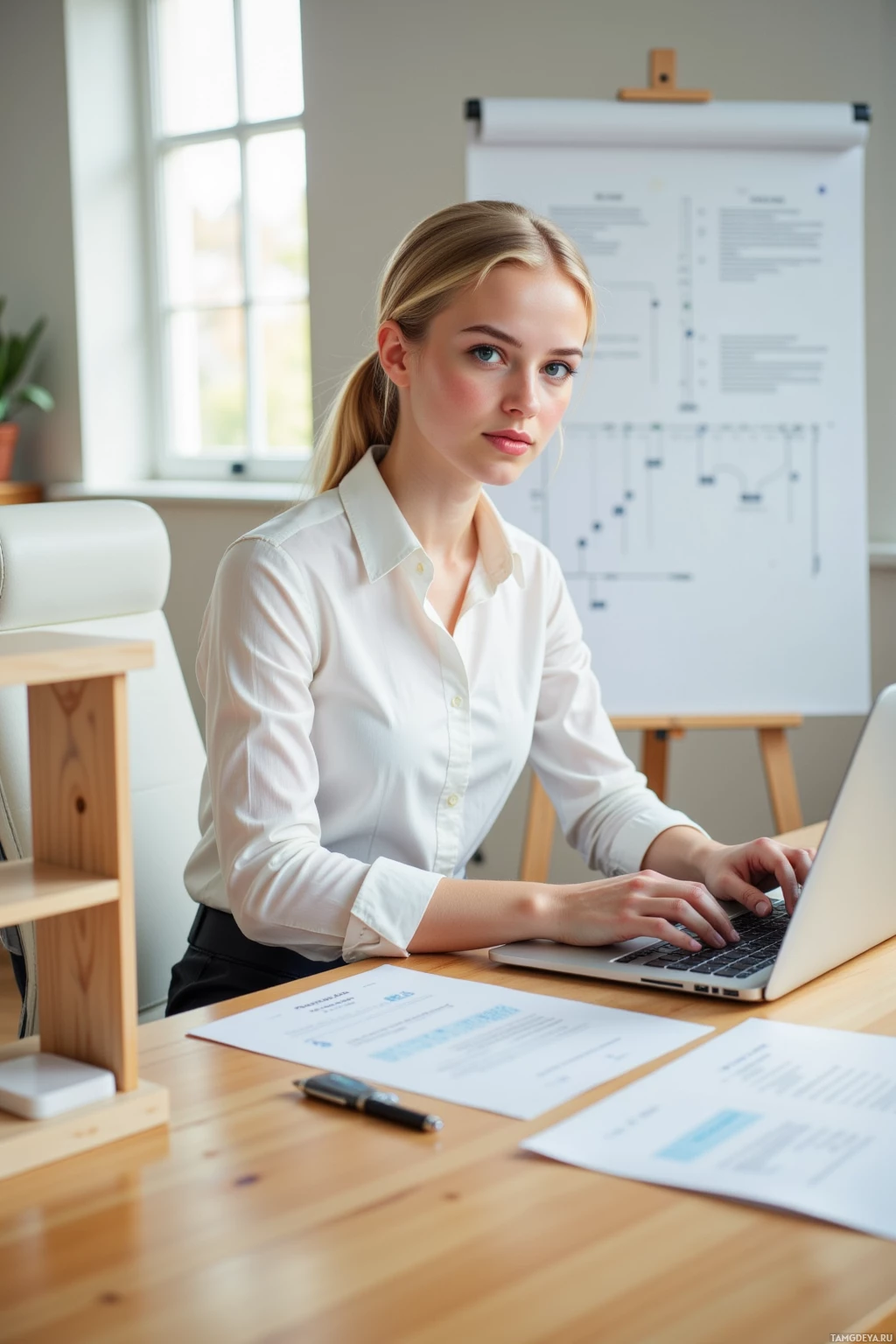 A woman in a white shirt works at a desk with a laptop and documents.