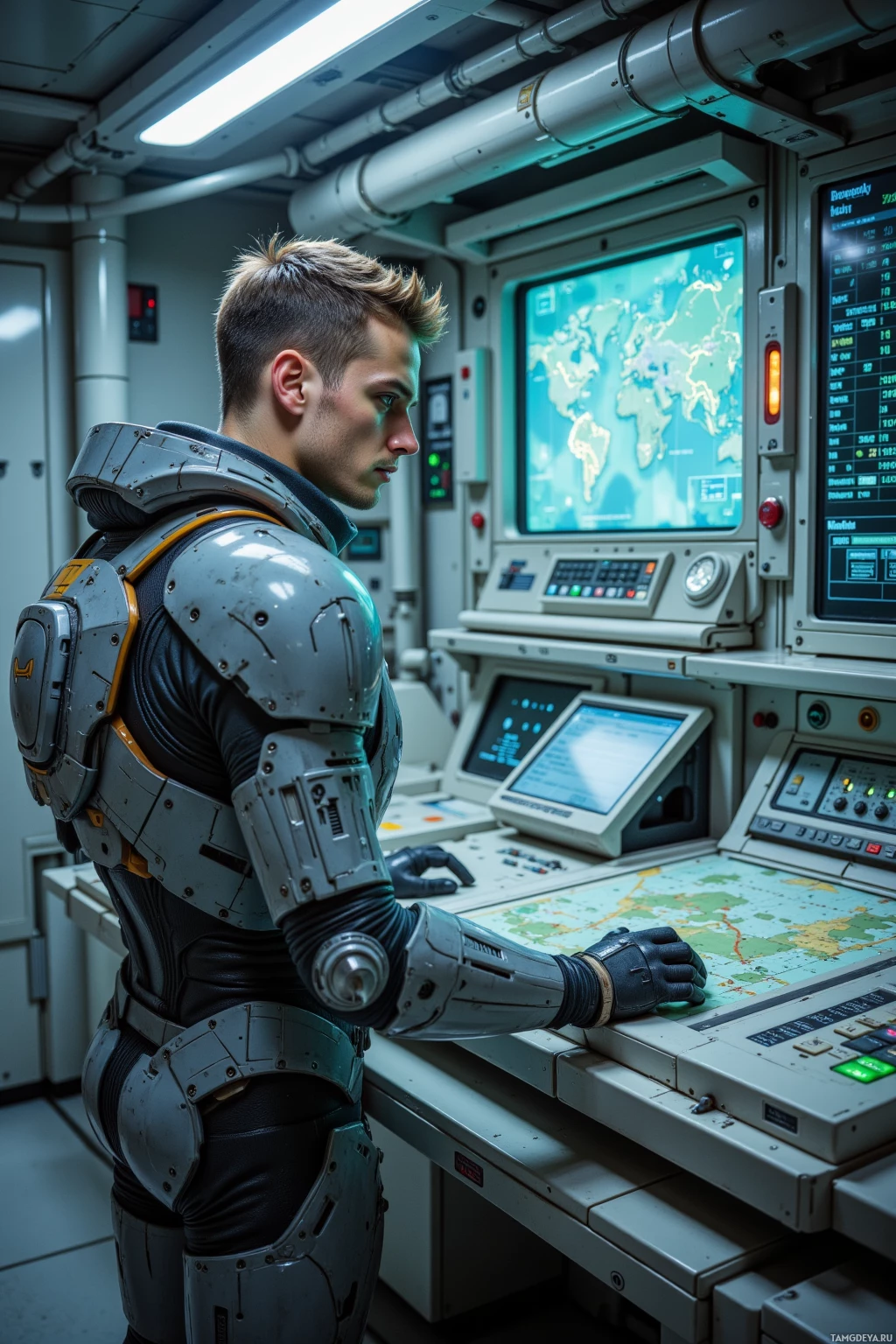 A person in futuristic armor stands in a control room, looking at a map on a screen.
