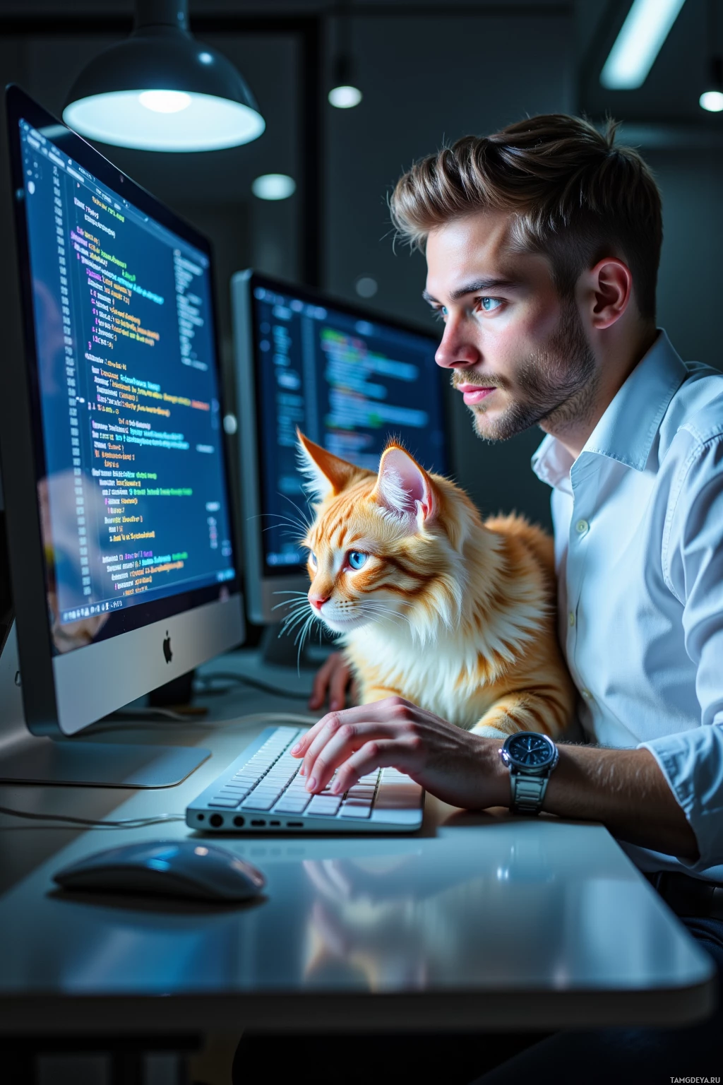 A person works at a computer with a cat sitting on their lap.