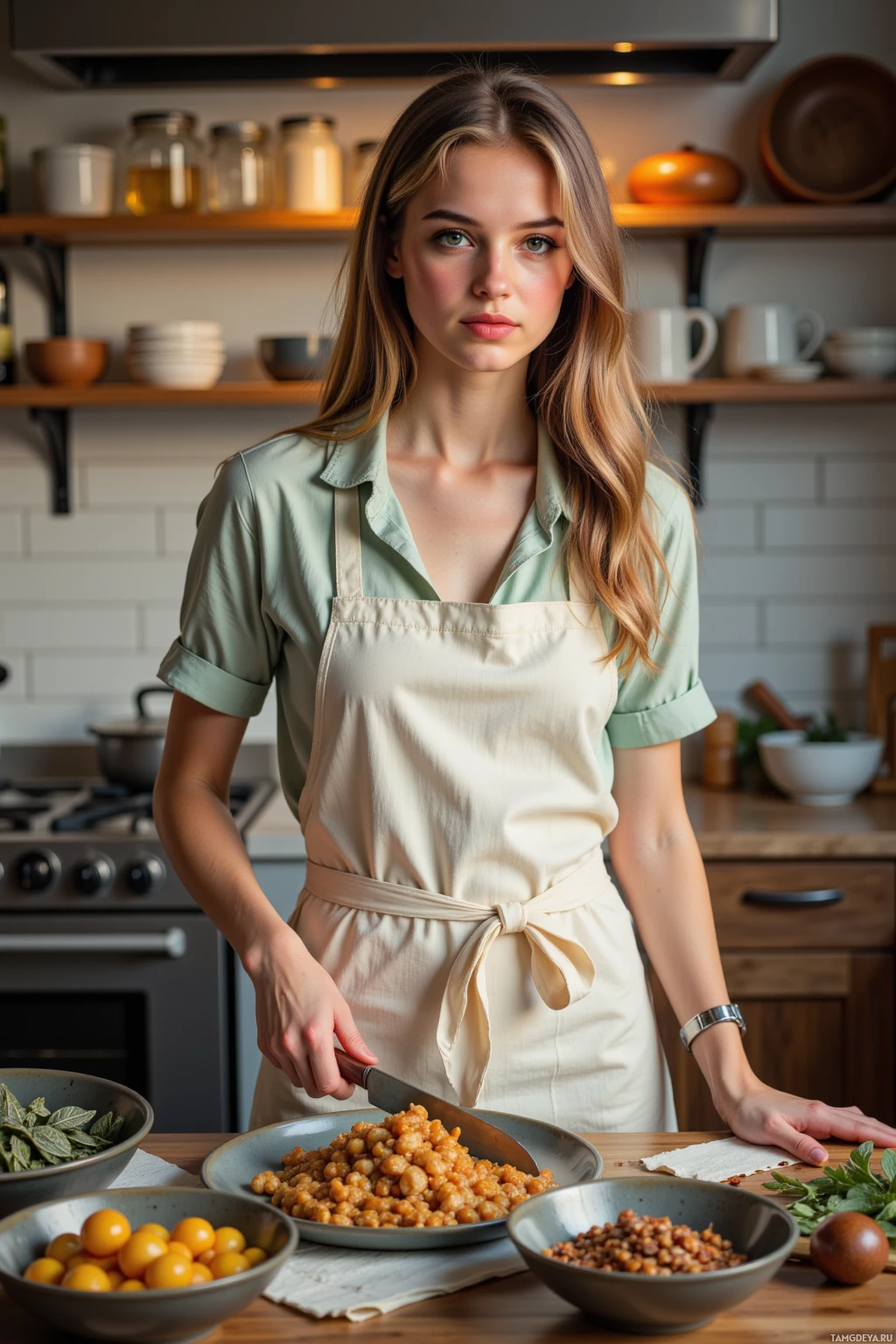 A woman in a kitchen wearing an apron, preparing food.