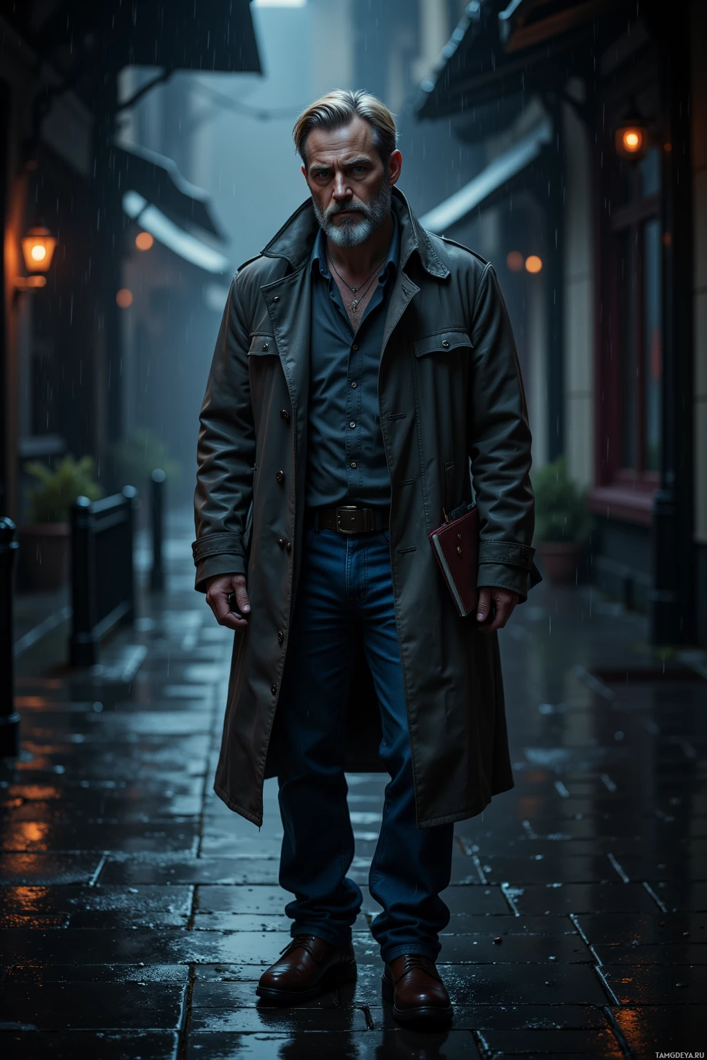 A man in a trench coat stands on a rainy street at night.