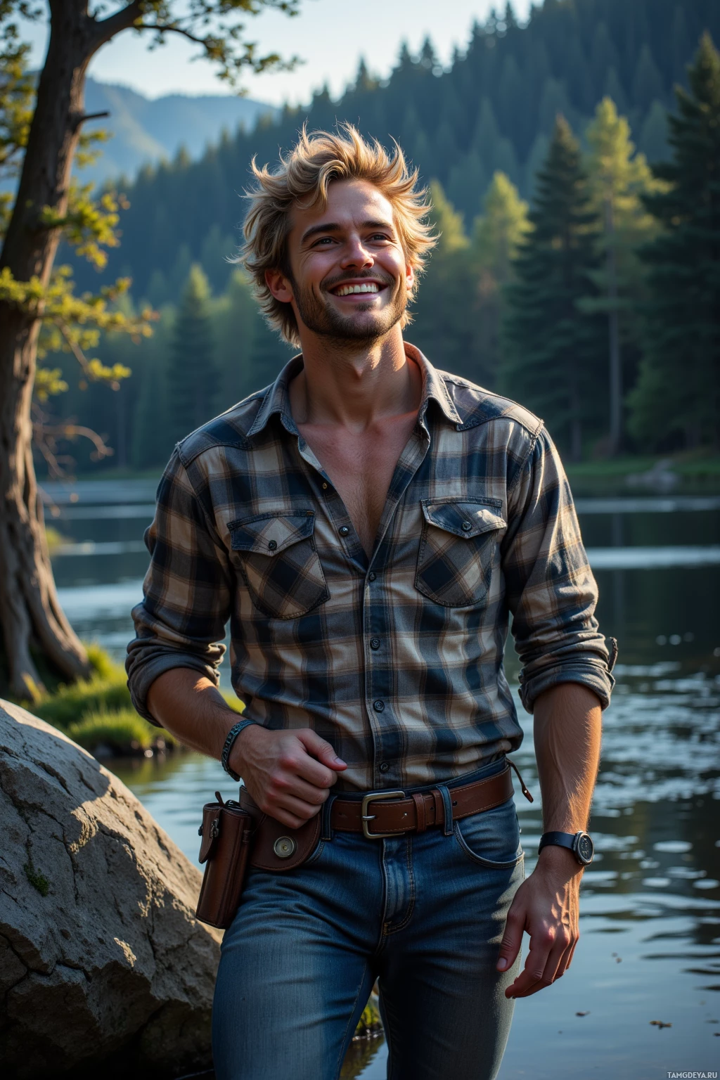 A man in a plaid shirt and jeans stands by a lake, smiling.