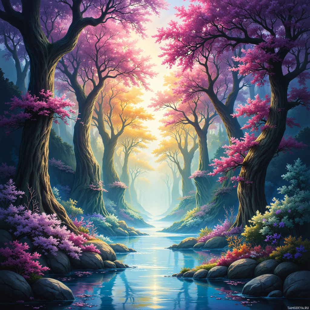 A serene forest scene with vibrant pink blossoms and a calm river reflecting the light.