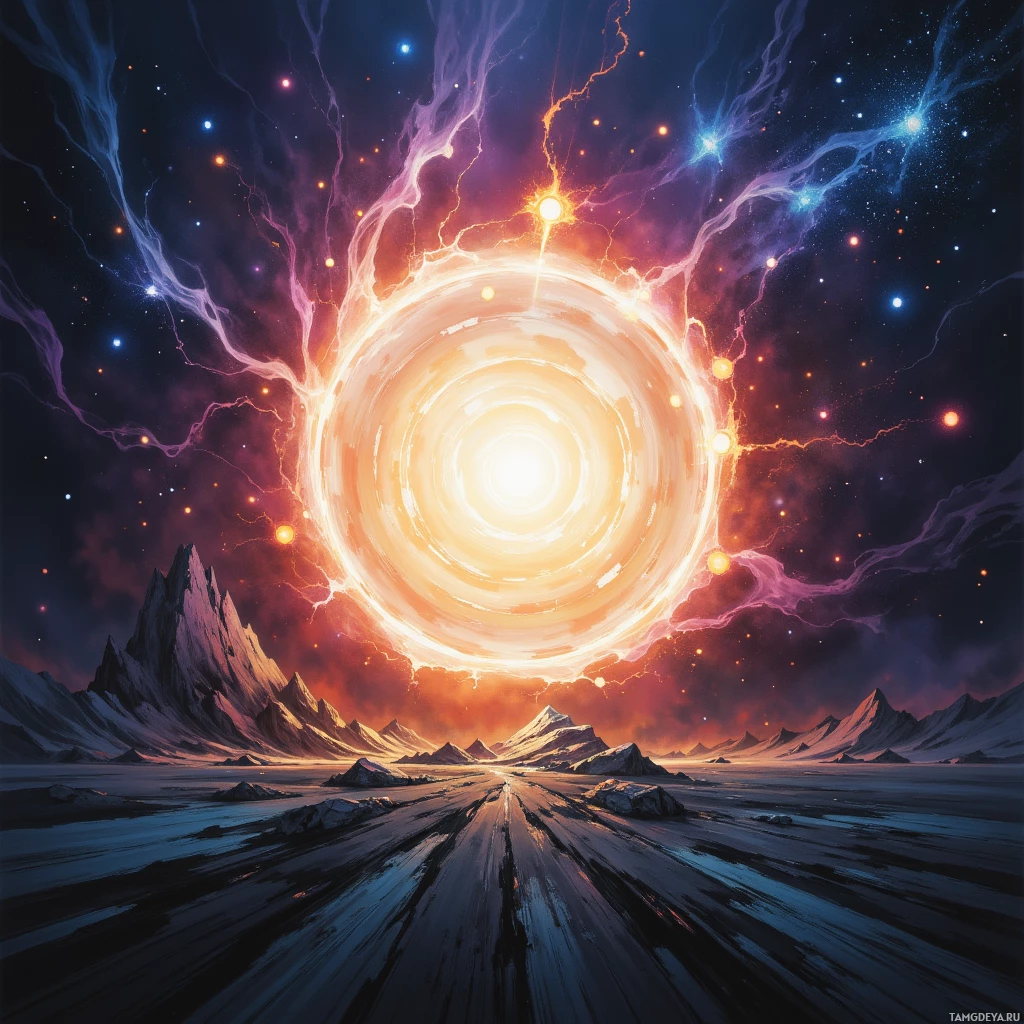A cosmic scene featuring a bright, swirling portal surrounded by vibrant electric-like tendrils and distant mountains under a starry sky.