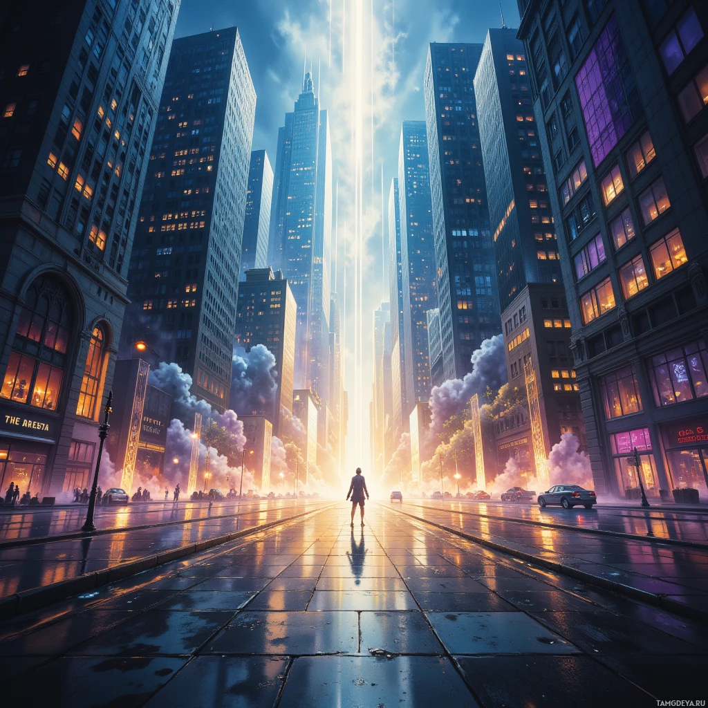 A person stands at the center of a city street, facing a bright, radiant light piercing through the sky.