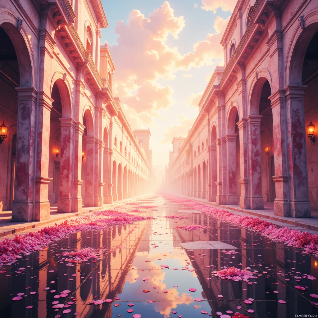 A serene, sunlit courtyard lined with ornate arches and columns, reflecting a tranquil sky and floating flower petals.