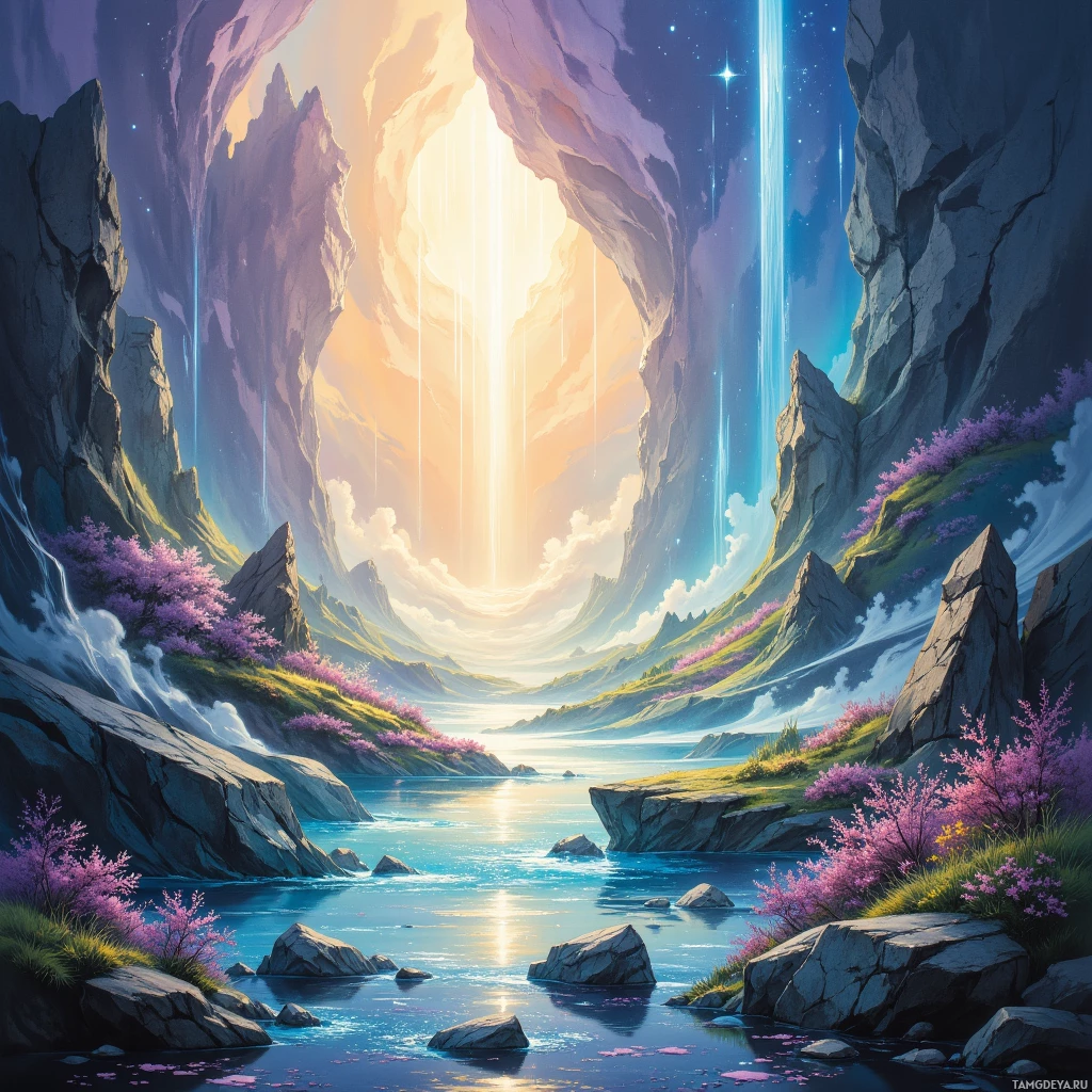 A serene landscape featuring a river, rocky cliffs, and vibrant purple blossoms under a glowing sky.