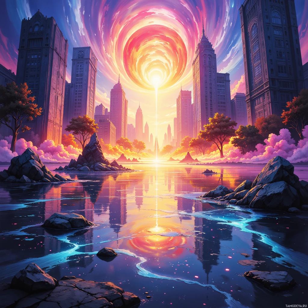 A vibrant cityscape with tall buildings, a swirling sky, and a reflective body of water.