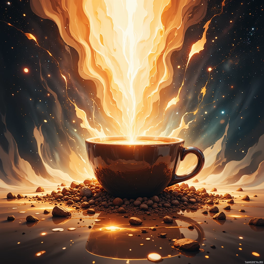 A glowing cup of coffee with vibrant, cosmic energy radiating upwards against a starry background.