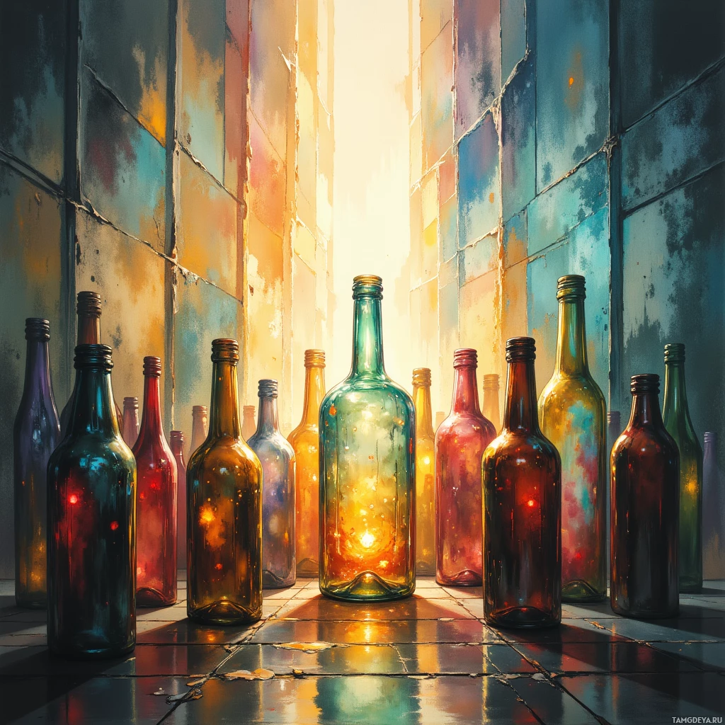 A row of colorful glass bottles is lined up against a wall with a bright light shining through a narrow opening.