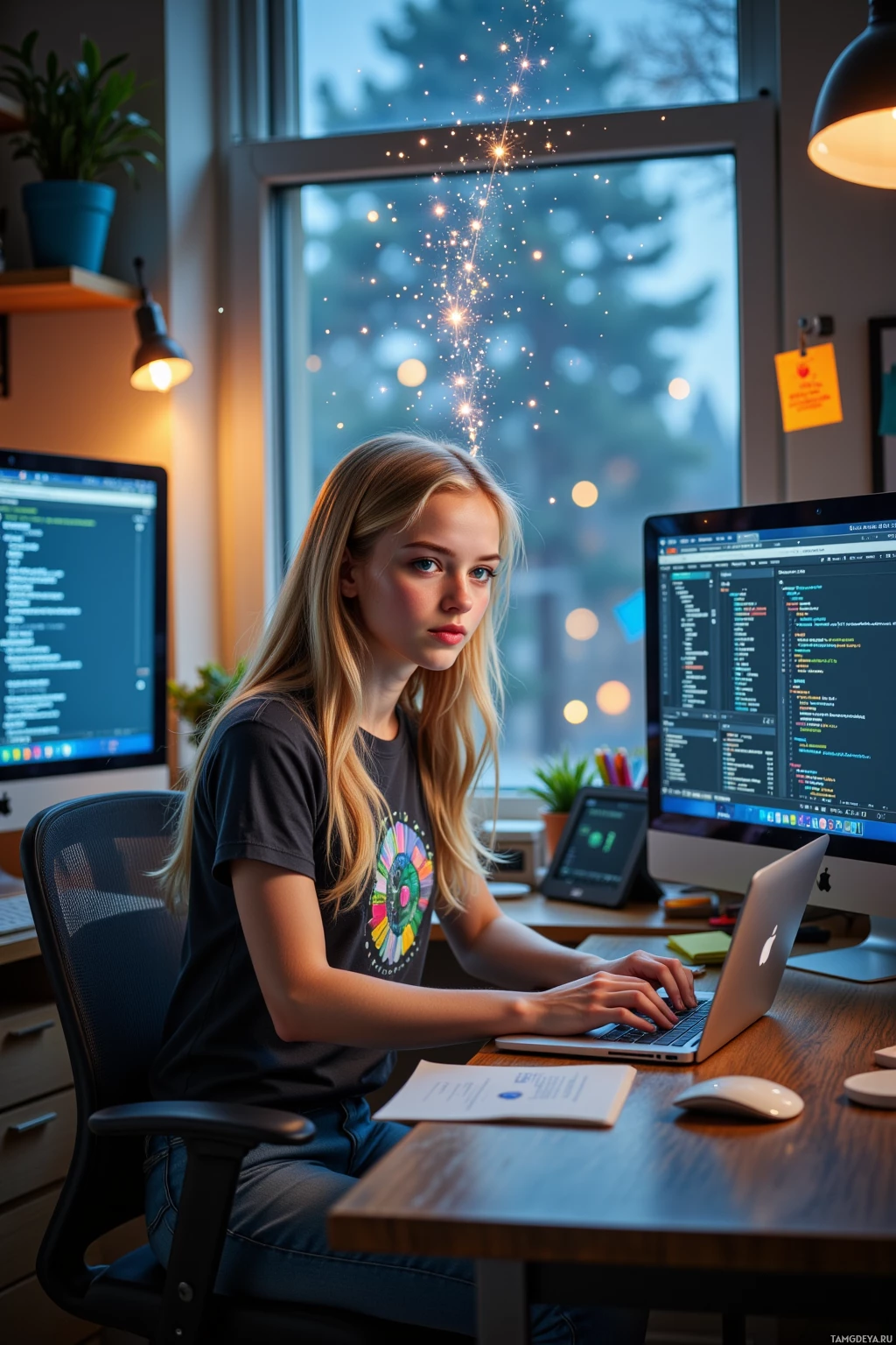 A young woman is working at a desk with multiple computer screens displaying code, surrounded by office decor.