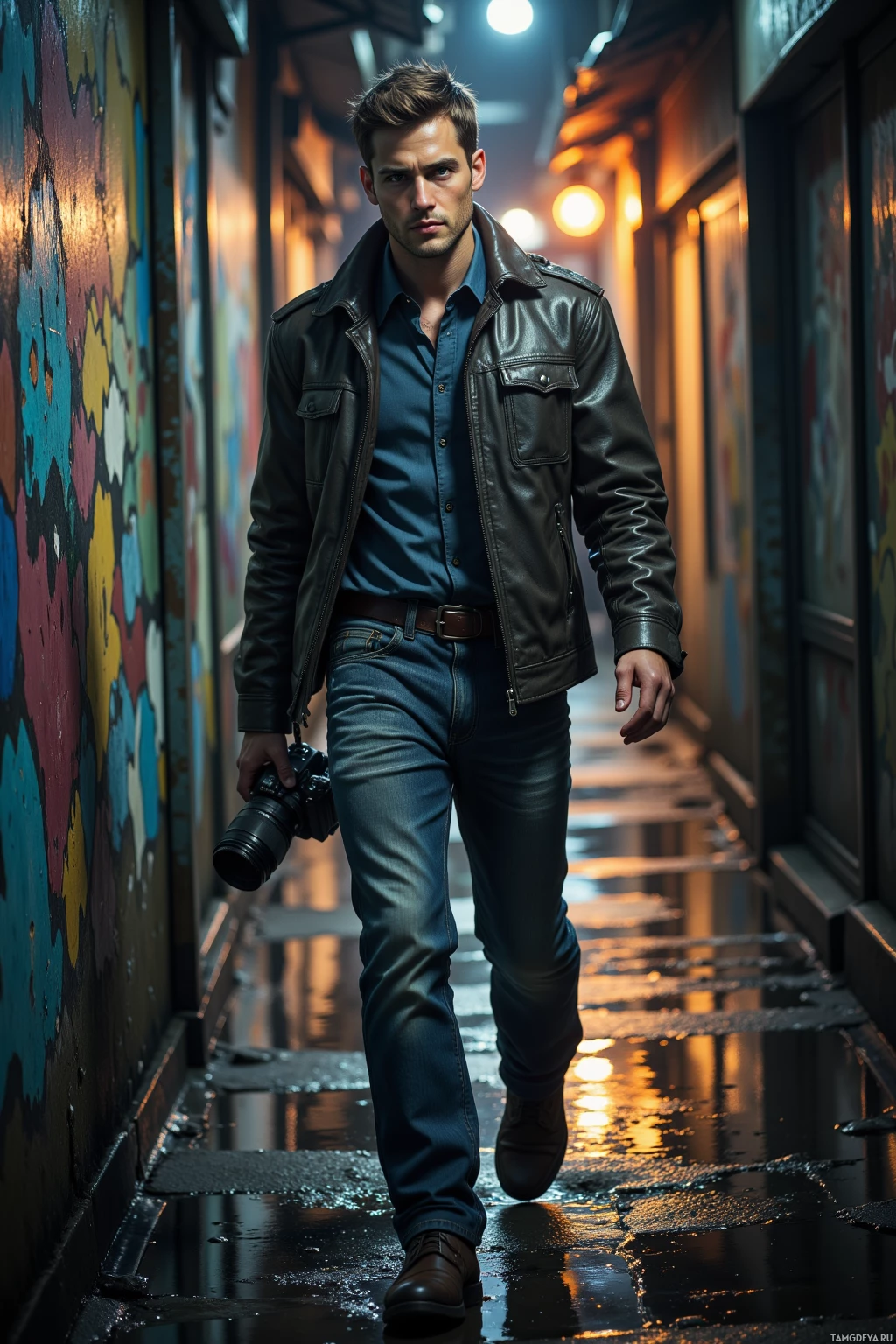 A man in a leather jacket and jeans walks down a wet alleyway at night.