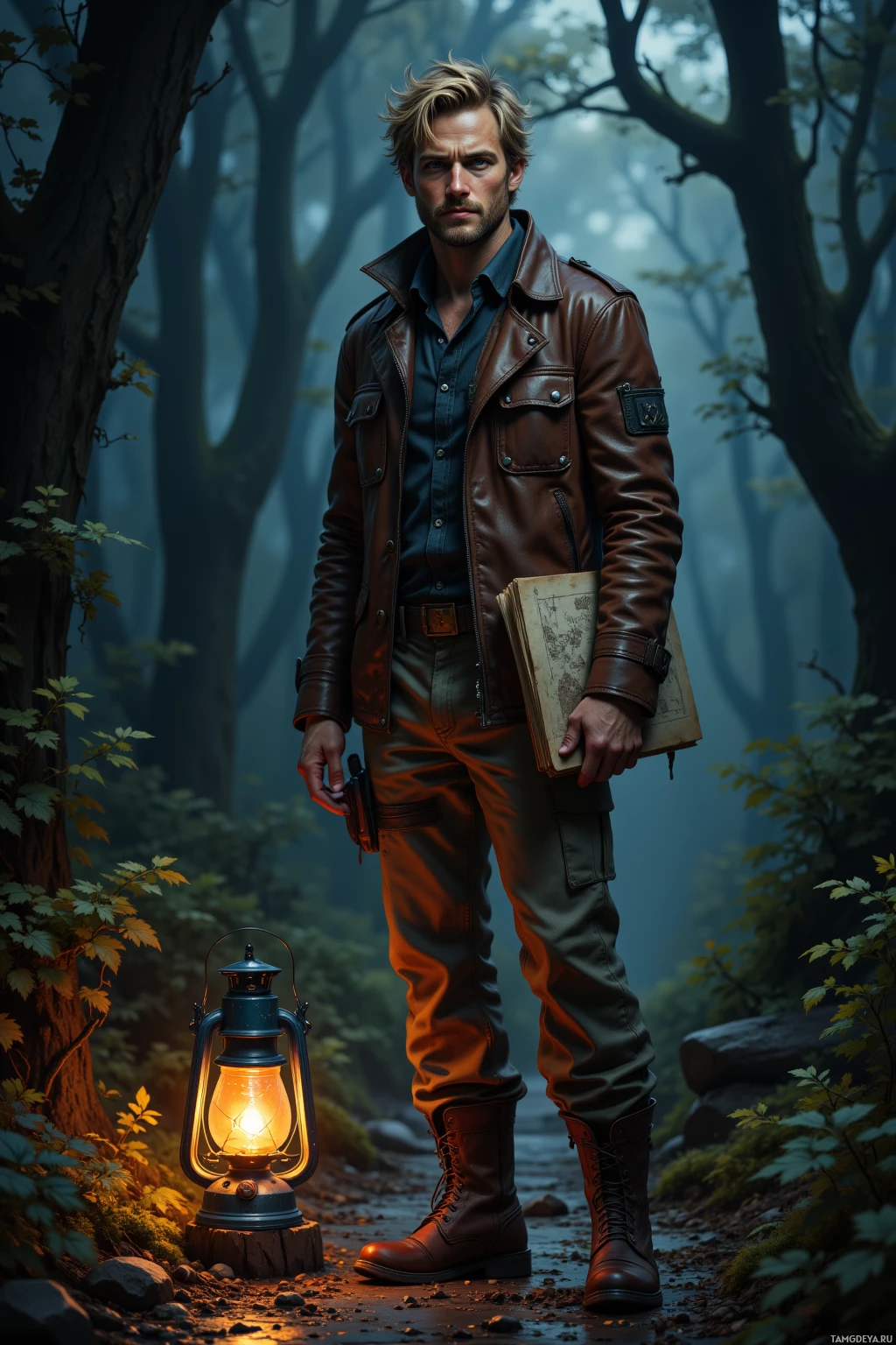 A man in a leather jacket stands in a forest, holding a lantern and a book.